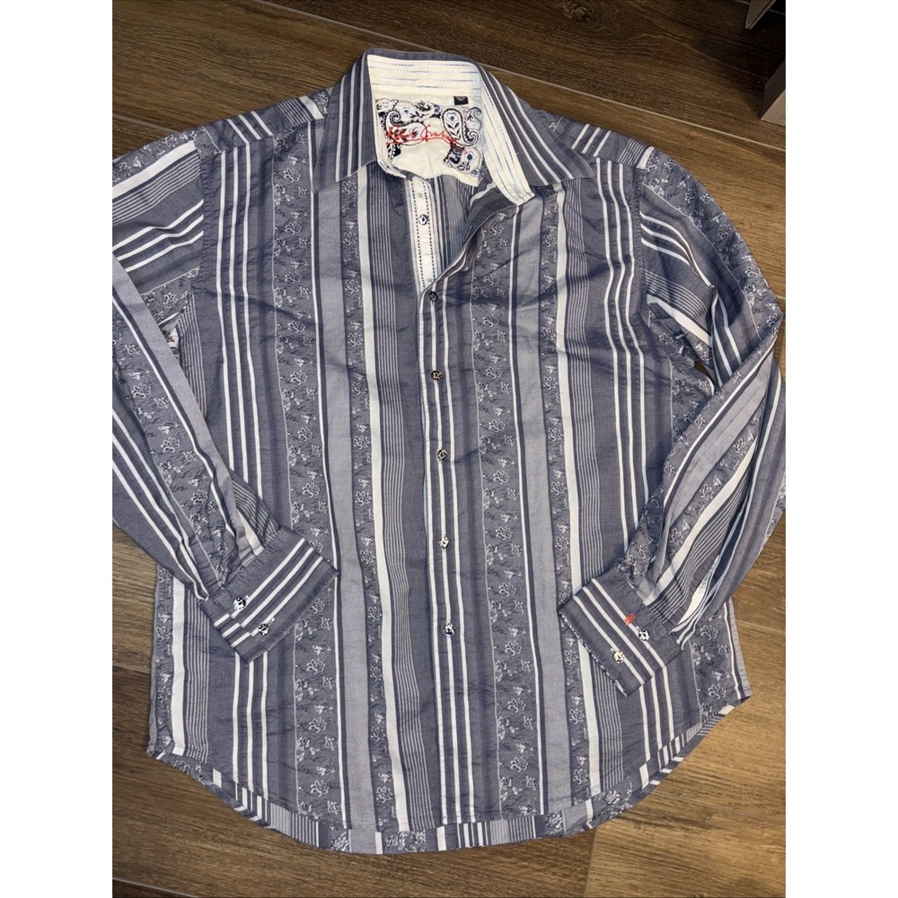 Robert Graham Striped Floral Chambray Blue Gray Long Sleeve Sport Shirt Size XL